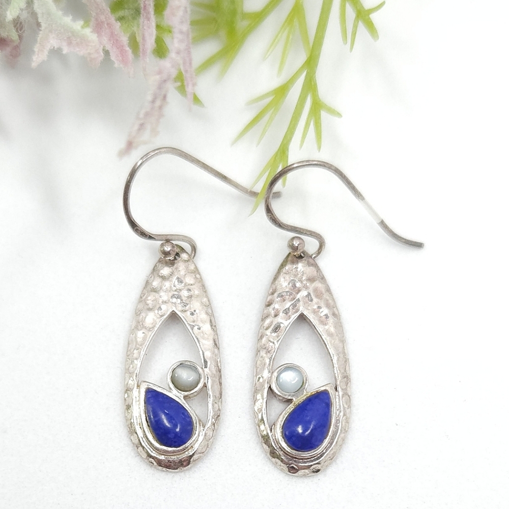 Vintage Sterling Silver Lapis Stone & Moon Glow Dangle Earrings